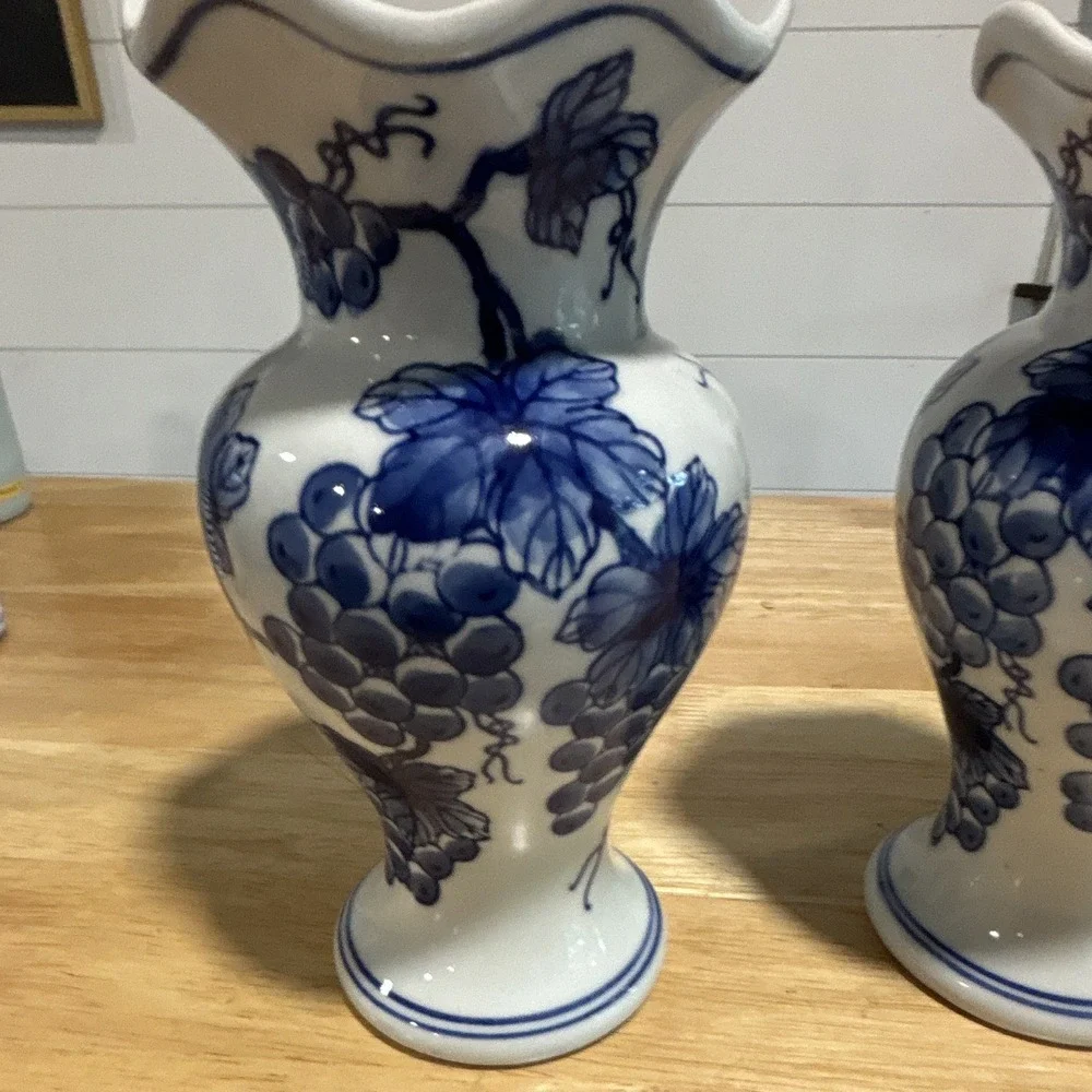 Vintage Pair Blue & White Ceramic Vases Grapevine Pattern Glossy